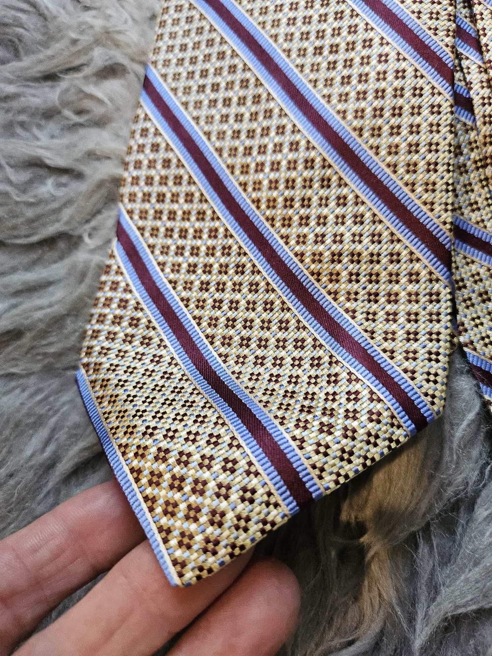 Barneys New York Gold, Maroon Brown & Light Blue Striped Silk Tie 3.5" Wide